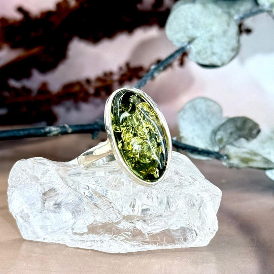 Baltic Green Amber Oval Elongated Ring