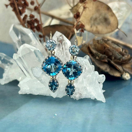 Blue Topaz Sterling Silver & 9ct Yellow Gold Double Drop Earrings By Lauren Harris