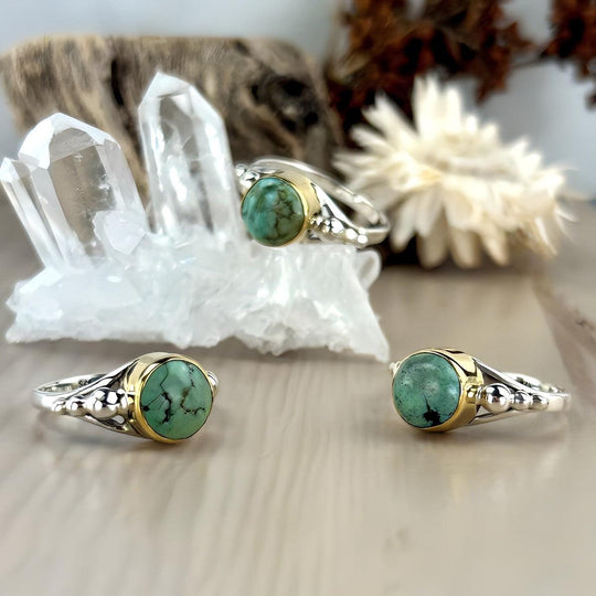 Turquoise Round Cabochon Brass & Silver Band Ring
