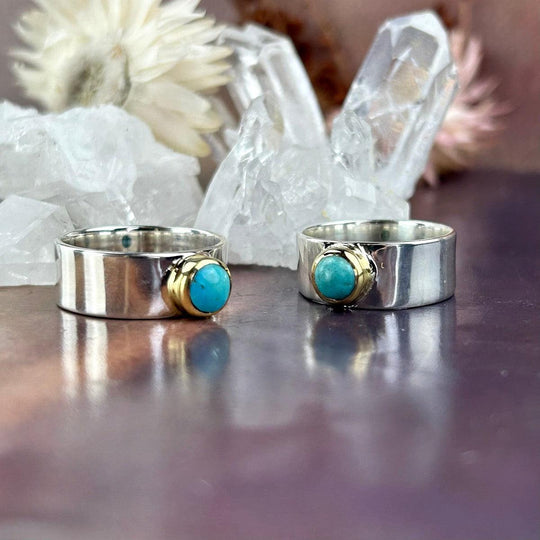 Turquoise Round Brass & Silver Wide Band Ring
