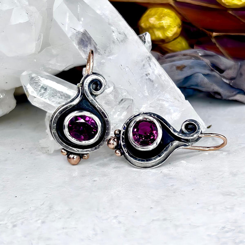 Garnet (Rhodolite) Oval Cut Sterling Silver & 9ct Rose Gold Scroll Drop Earrings By Lauren Harris