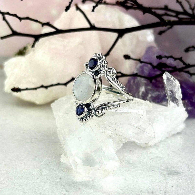 Rainbow Moonstone & Iolite Ornate Ring