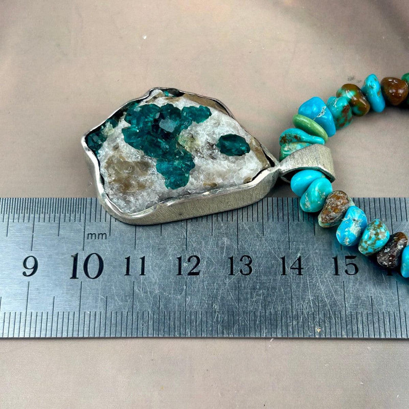 Dioptase Raw Pendant and Turquoise Bead Necklace by Jayen Perkal