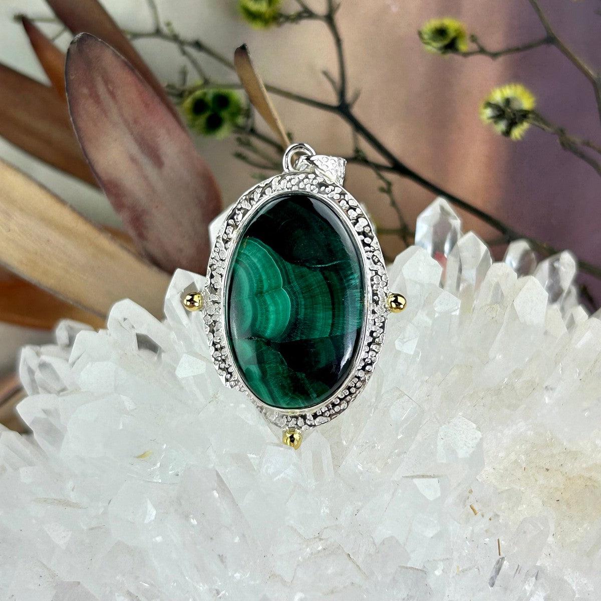 Oval Malachite Gold And Silver Pendant