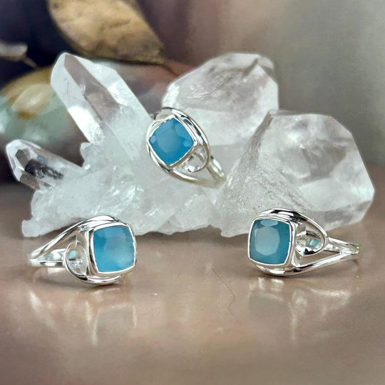 Blue Chalcedony Princess Cut Swirl Band Ring
