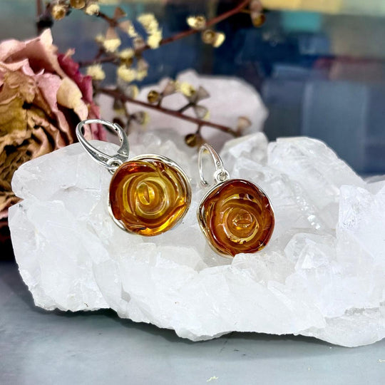 Baltic Amber Rose Motif Drop Earrings