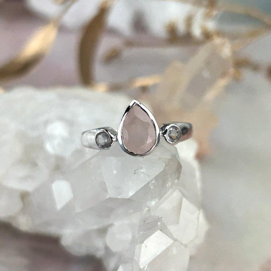Rose Quartz Teardrop Three Stone Ring
