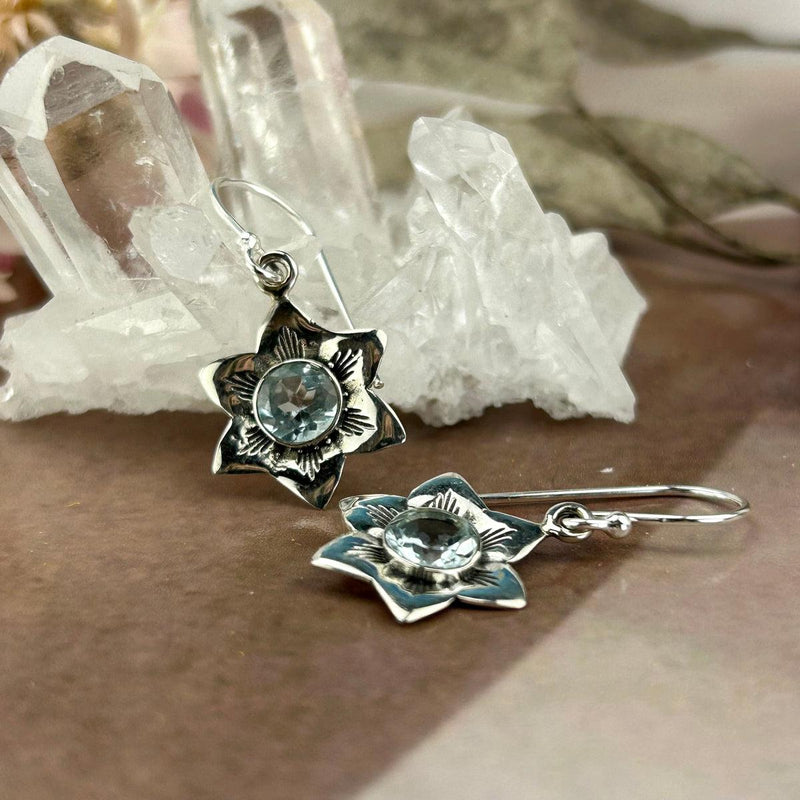 Blue Topaz Silver Flower Earrings