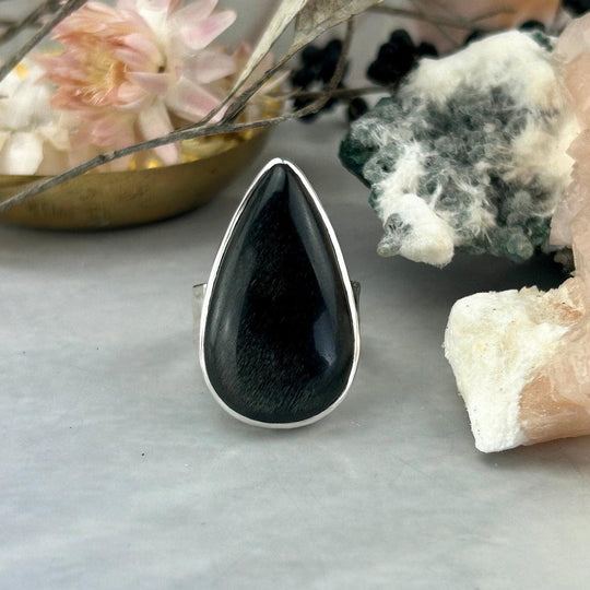 Golden Sheen Obsidian Teardrop Ring