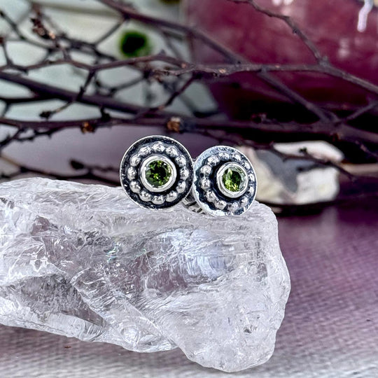 Green Zircon, Natural (Sri Lanka) Brilliant Cut Blackened Patina & Sterling Silver Stud Earrings By Lauren Harris