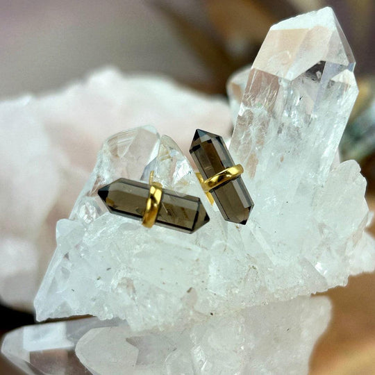 Smokey Quartz Double Terminated Point Gold Stud Earrings