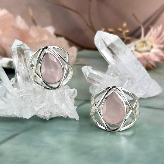 Rose Quartz Teardrop Cut Wide Lattice Band Ring