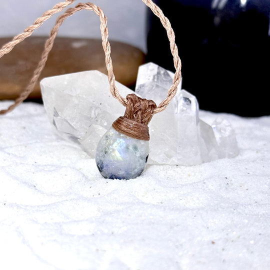 Rainbow Moonstone & Leather Cord Talisman Teardrop Necklace (Small)