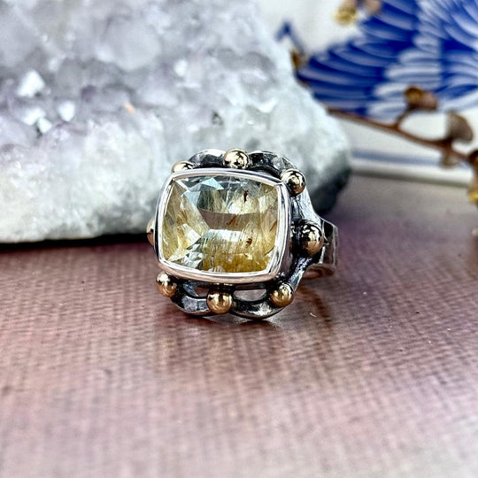 Light Blue Topaz With Golden Rutile Inclusions 925 Silver & 9ct Gold Ring By Lauren Harris