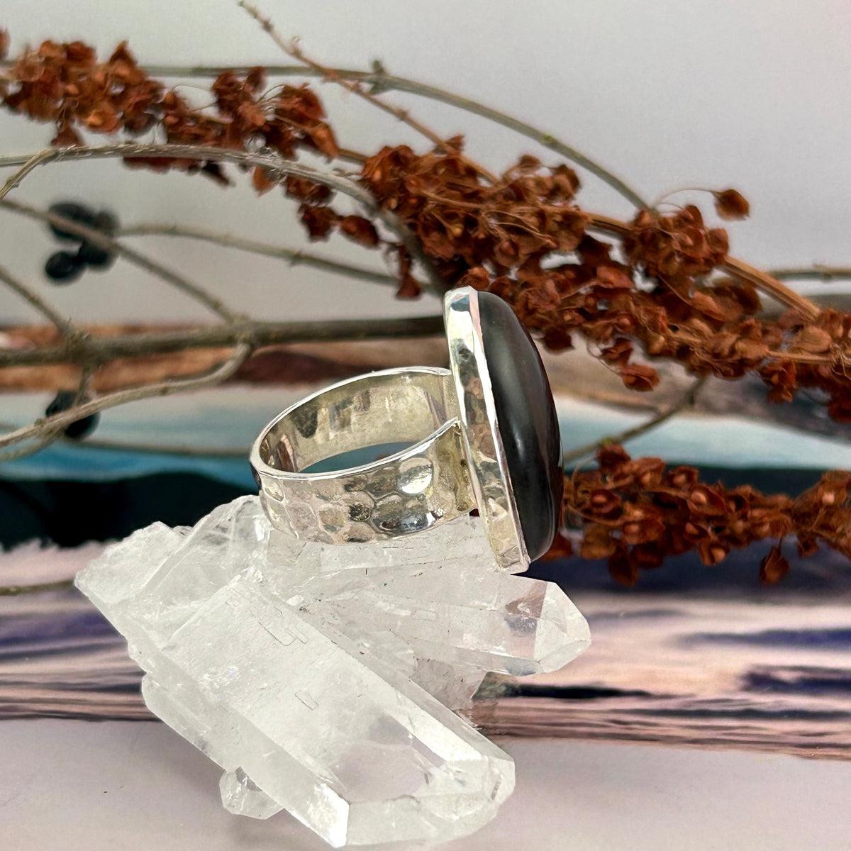 Obsidian Battered Silver Ring