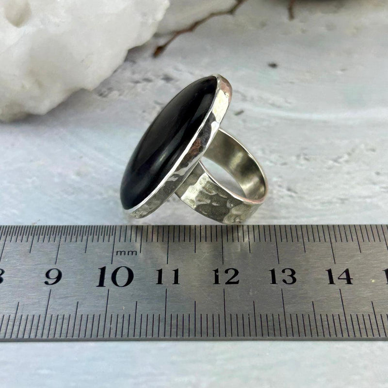 Obsidian Battered Silver Ring