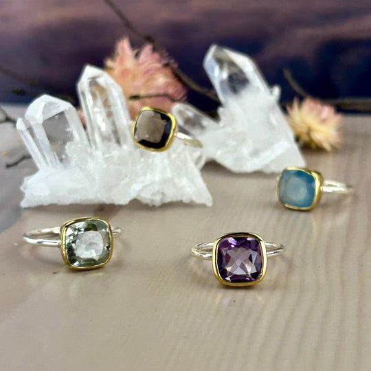 Amethyst, Blue Chalcedony, Green Amethyst or Smokey Quartz Square Cut Brass Ring