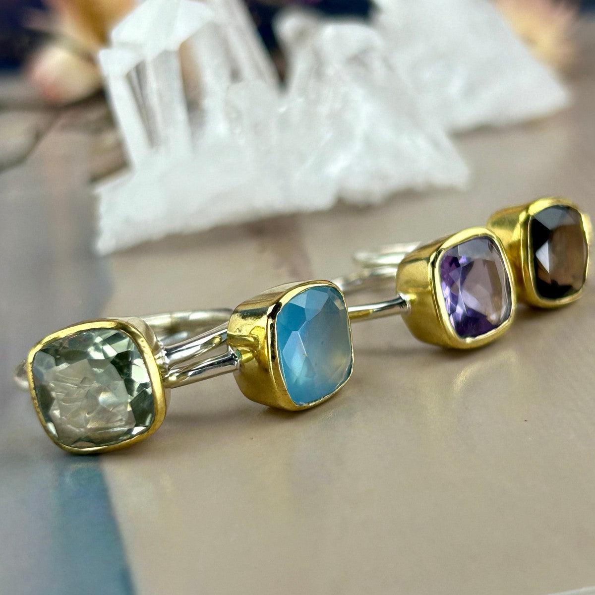 Square Gemstone Gold And Silver Ring