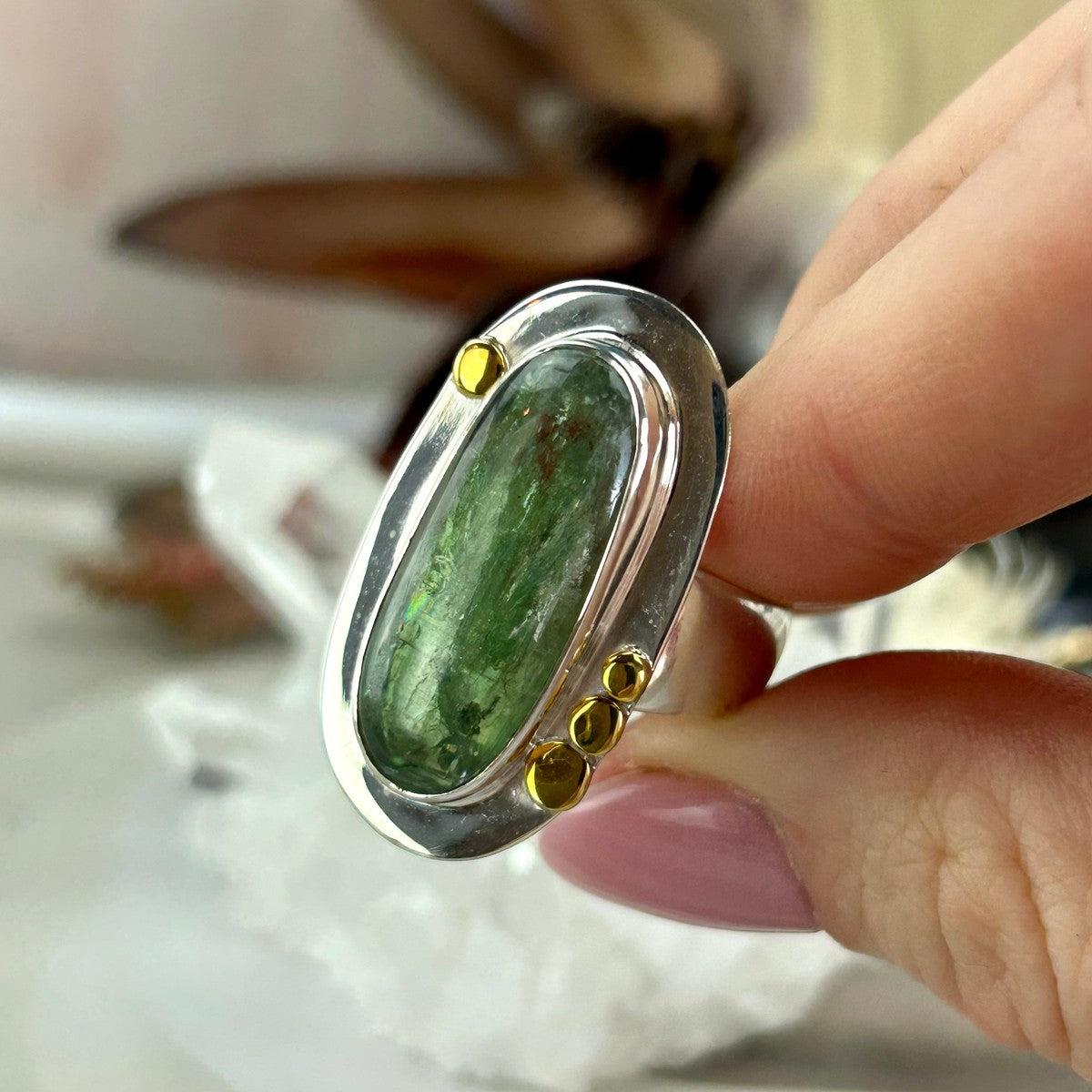 Gold And Silver Green Kyanite Ring
