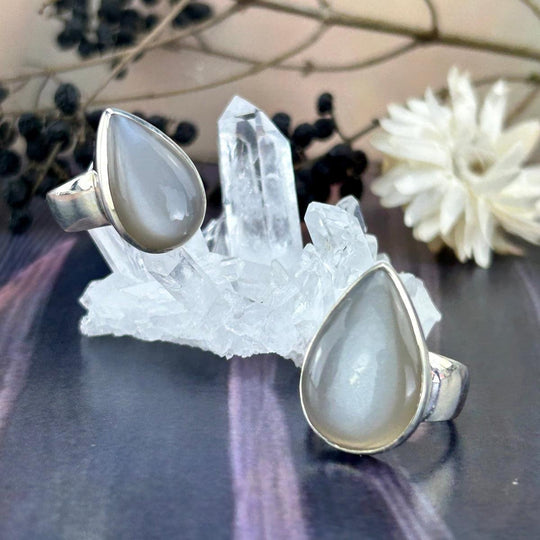 Grey Cat’s Eye Moonstone Teardrop Rings
