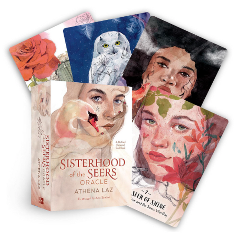 Collection of cards from 'Sisterhood of the Seers' Oracle' with artistic illustrations on a white background.