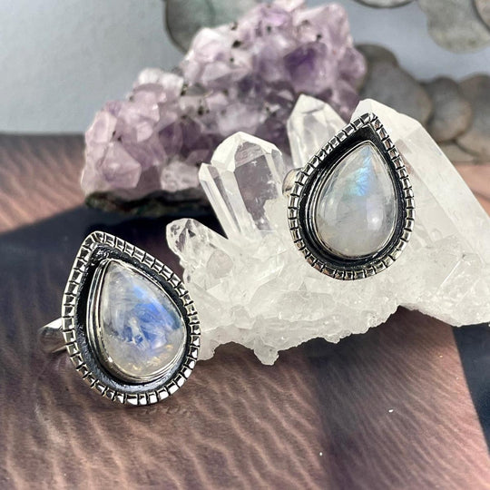 Rainbow Moonstone Teardrop Rings