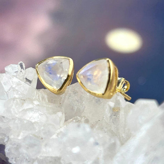 Rainbow Moonstone Trillion Gold Stud Earrings