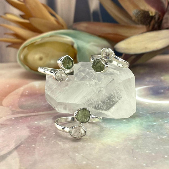 Authentic Raw Moldavite & Herkimer Diamond Twist Ring