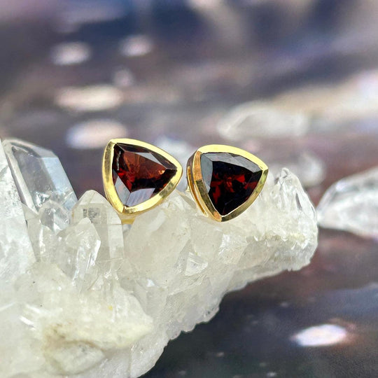 Garnet Trillion Gold Stud Earrings