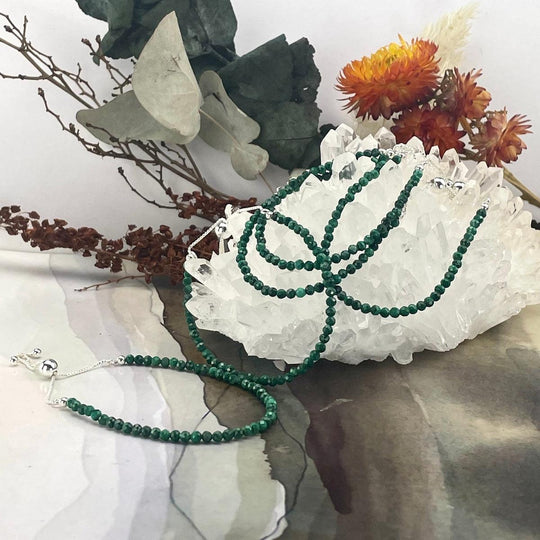 Malachite Sterling Silver Bolo Tie Faceted Bead Bracelet