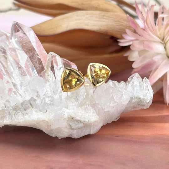 Citrine Trillion Gold Stud Earrings