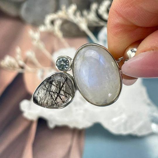 Rainbow Moonstone, Tourmalated Quartz & Blue Topaz Pendant