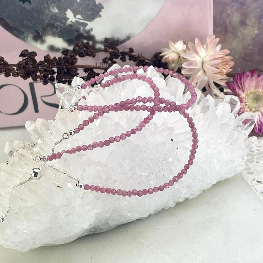 Pink Tourmaline Sterling Silver Bolo Tie Faceted Bead Bracelet