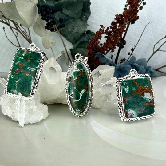 Chrysocolla with Druzy Battered Silver Assorted Shape Pendants