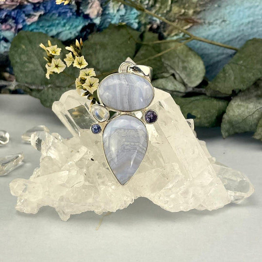 Blue Lace Agate, Rainbow Moonstone, Iolite & Amethyst Pendant