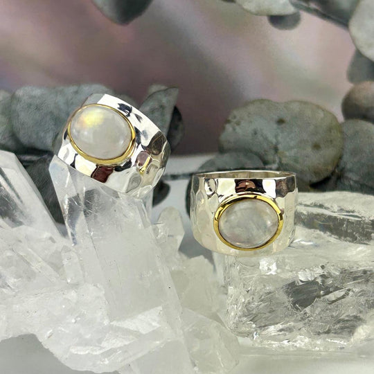 Rainbow Moonstone Oval Battered Silver Rings