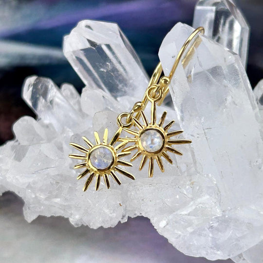 Rainbow Moonstone Sun Gold Earrings