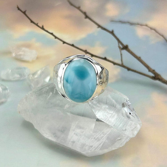 Larimar Oval Battered Silver Ring