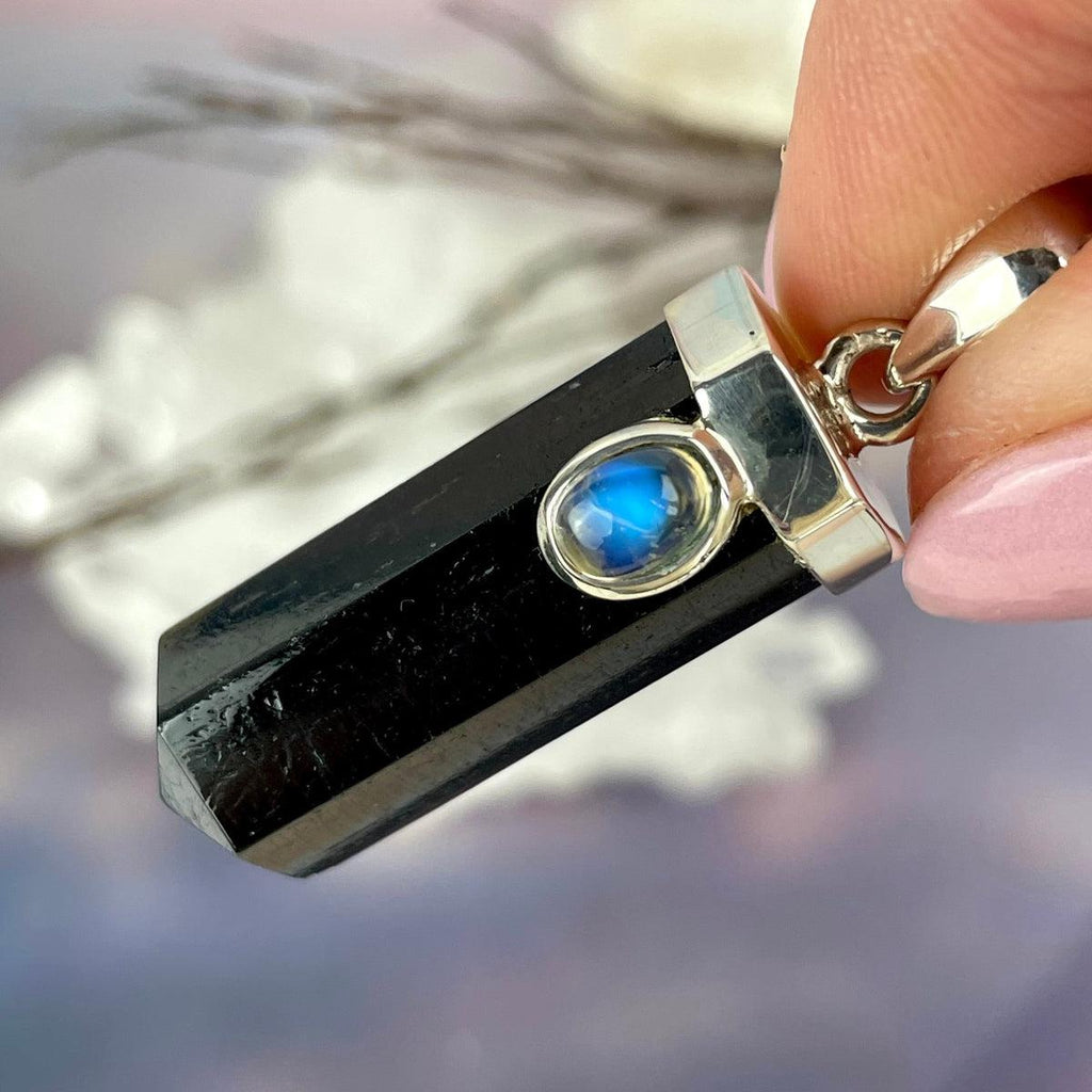 Black Tourmaline Point & Rainbow Moonstone Pendant