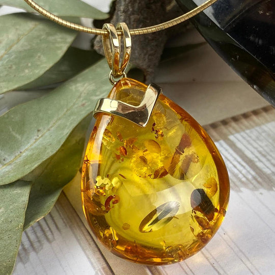 Baltic Amber Teardrop Large Gold Pendant