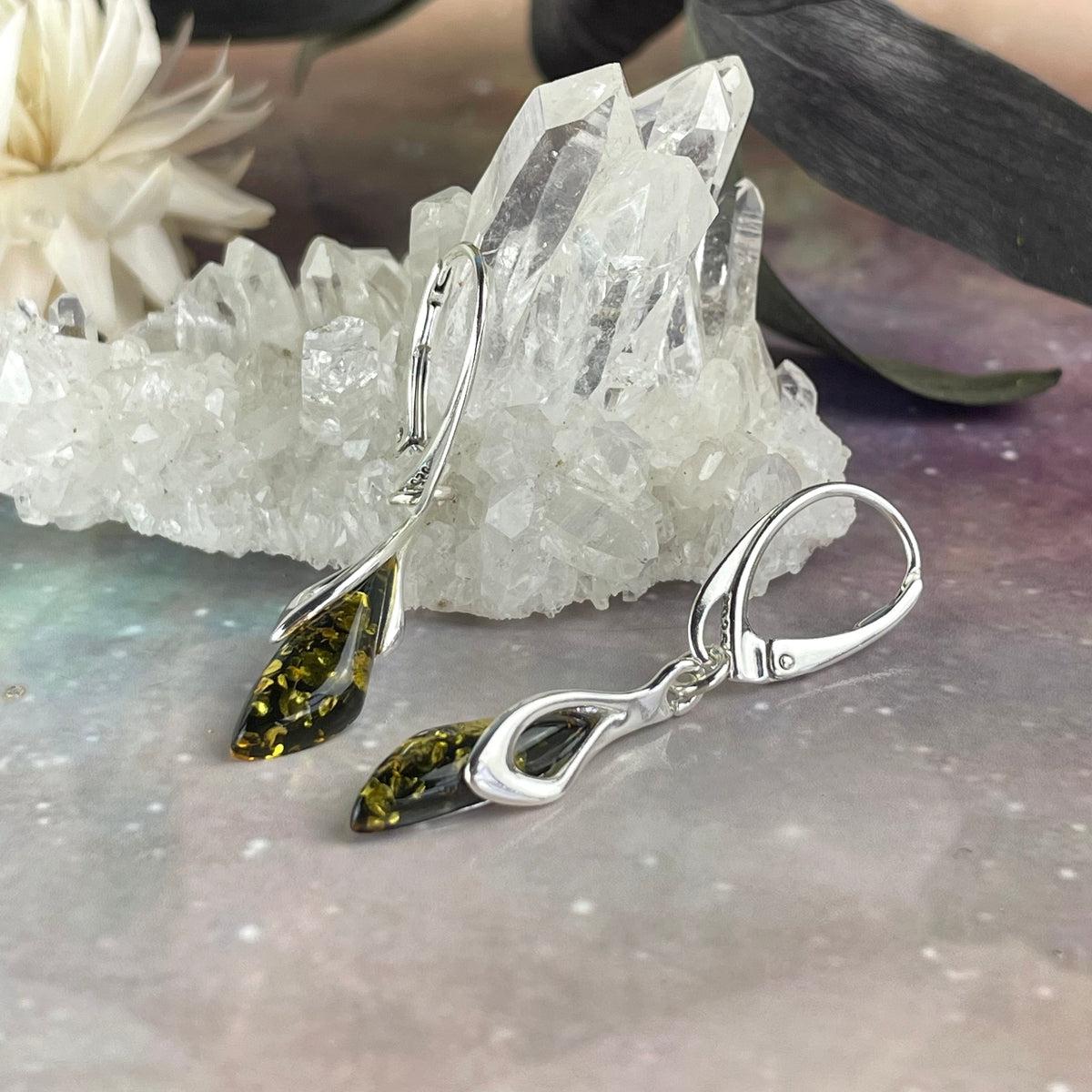 Green Amber Silver Earrings