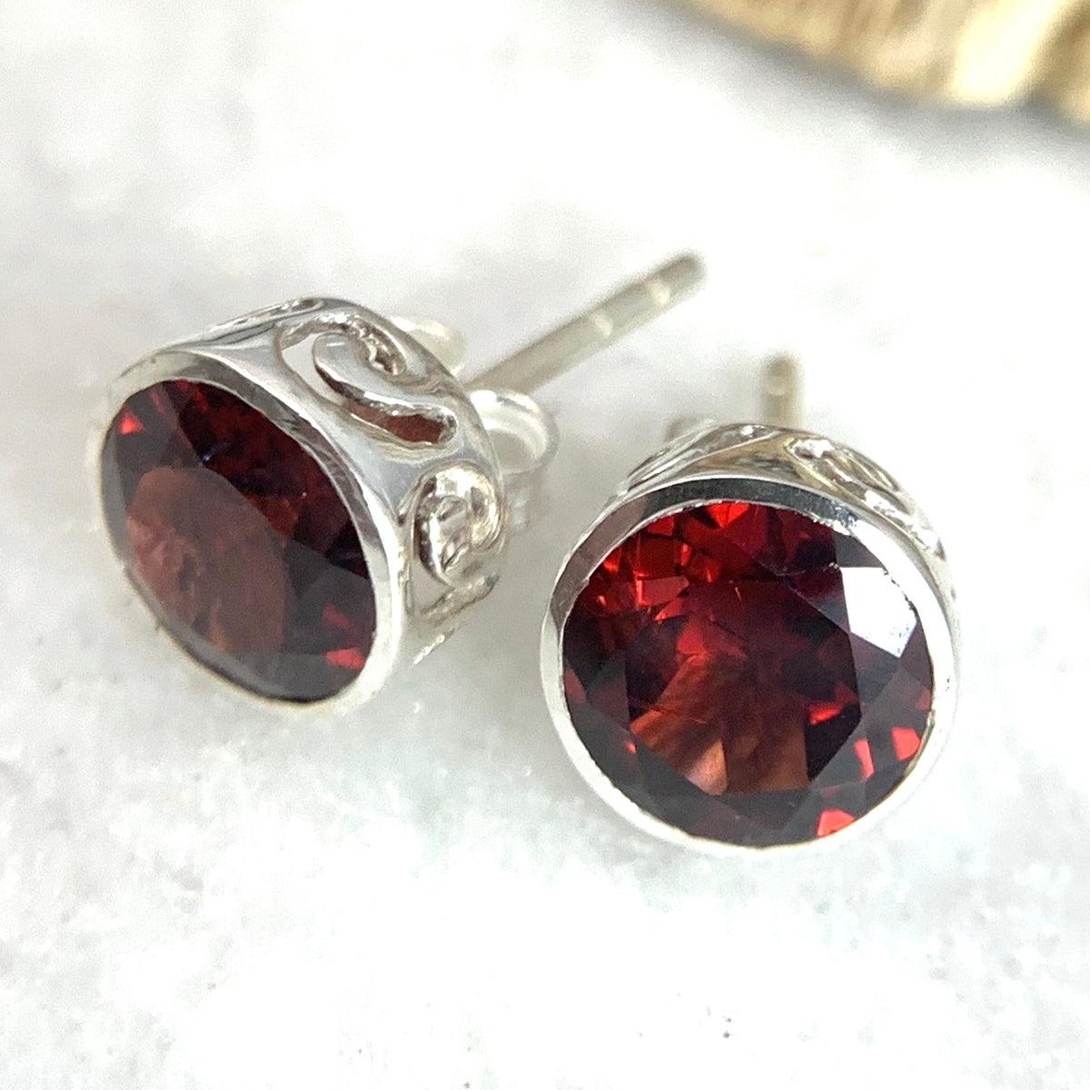 Detailed Garnet Sterling Silver Earrings