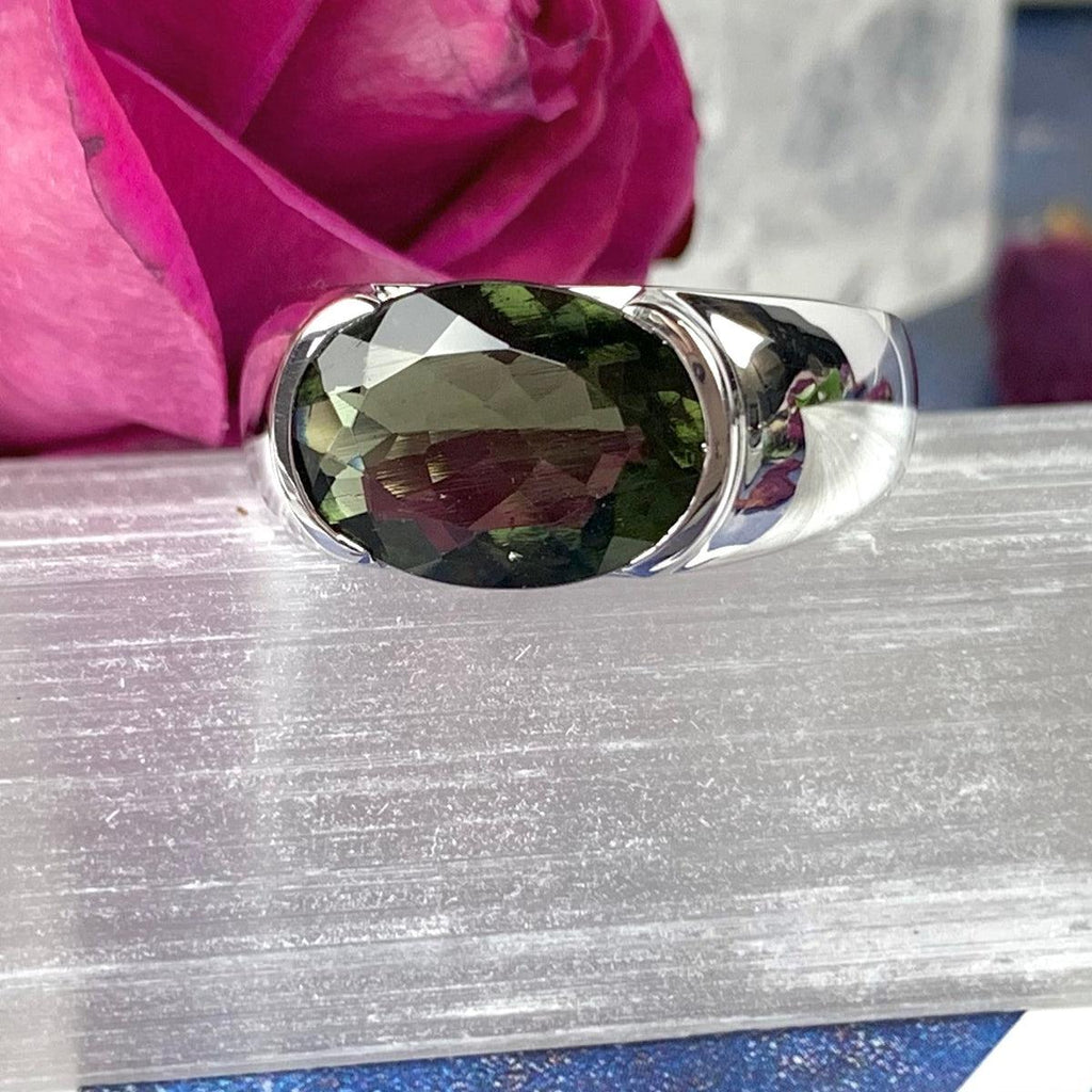 Moldavite Faceted Oval Ring