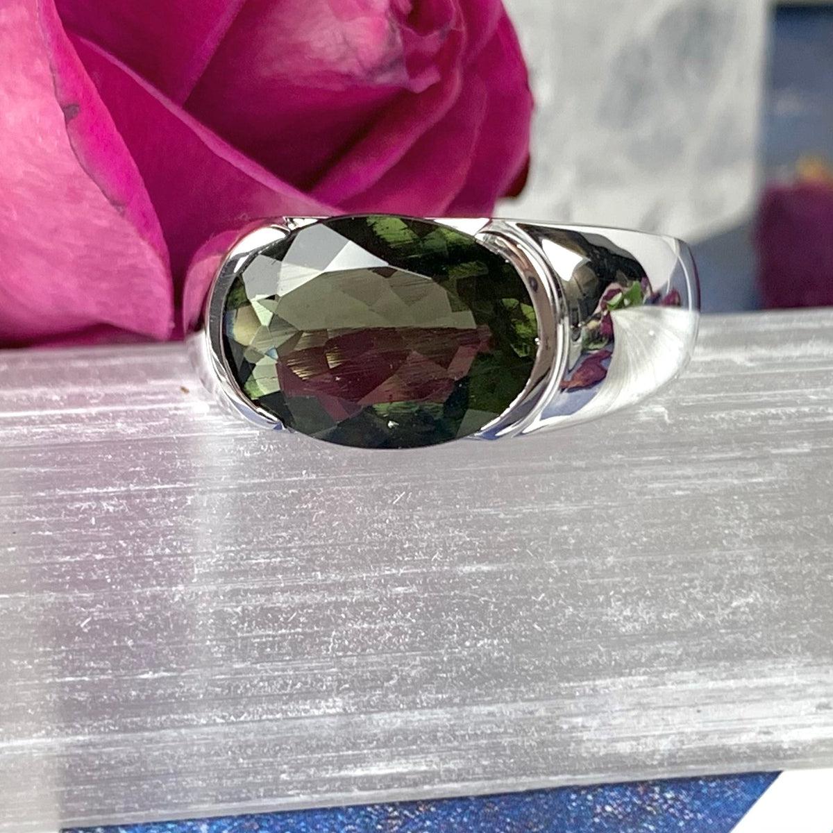 Moldavite Faceted Oval Ring