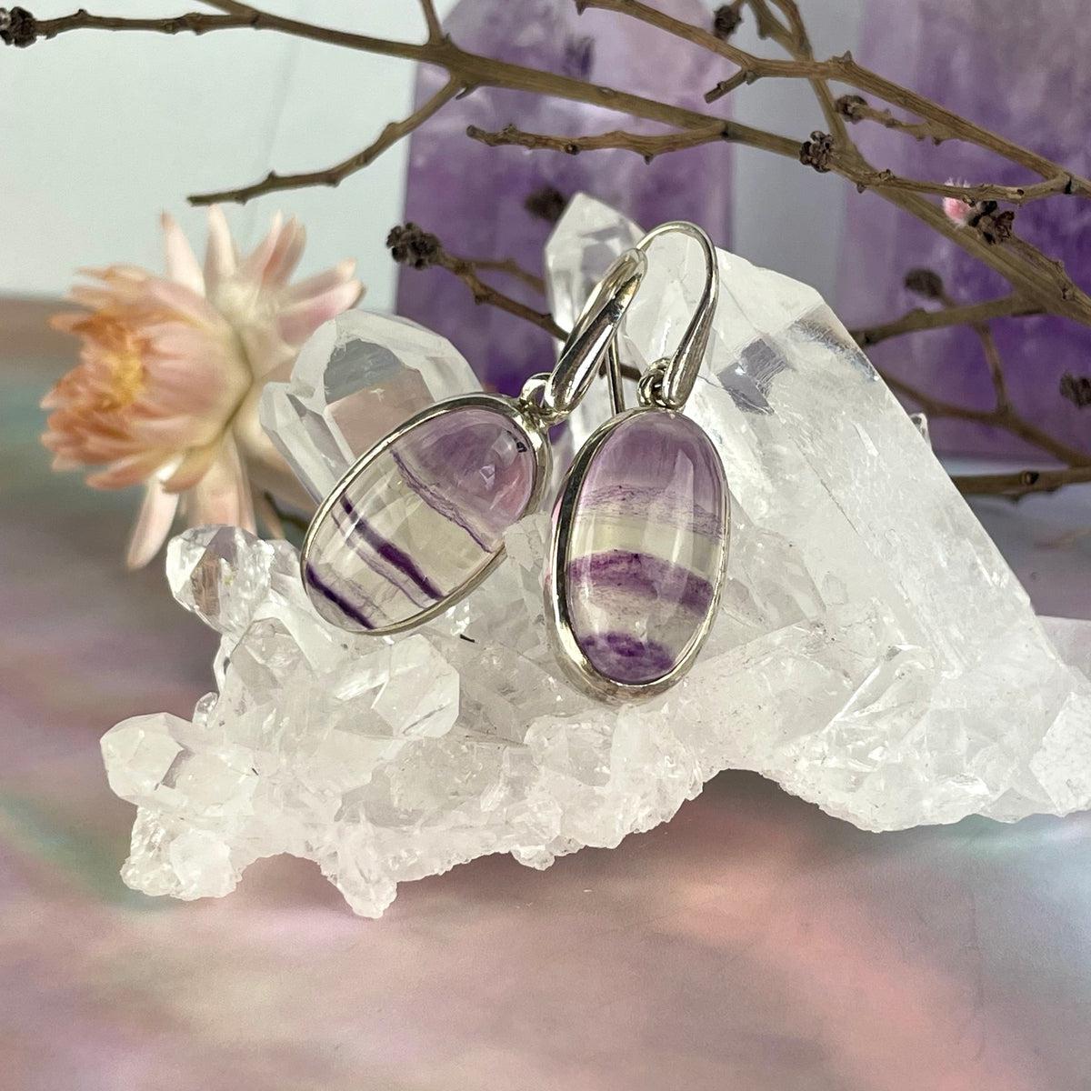 Purple And Clear Fluorite Earrings