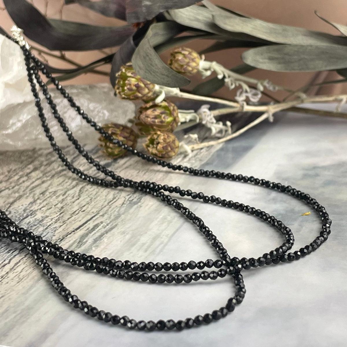 Black Tourmaline Faceted 2mm Bead Necklace