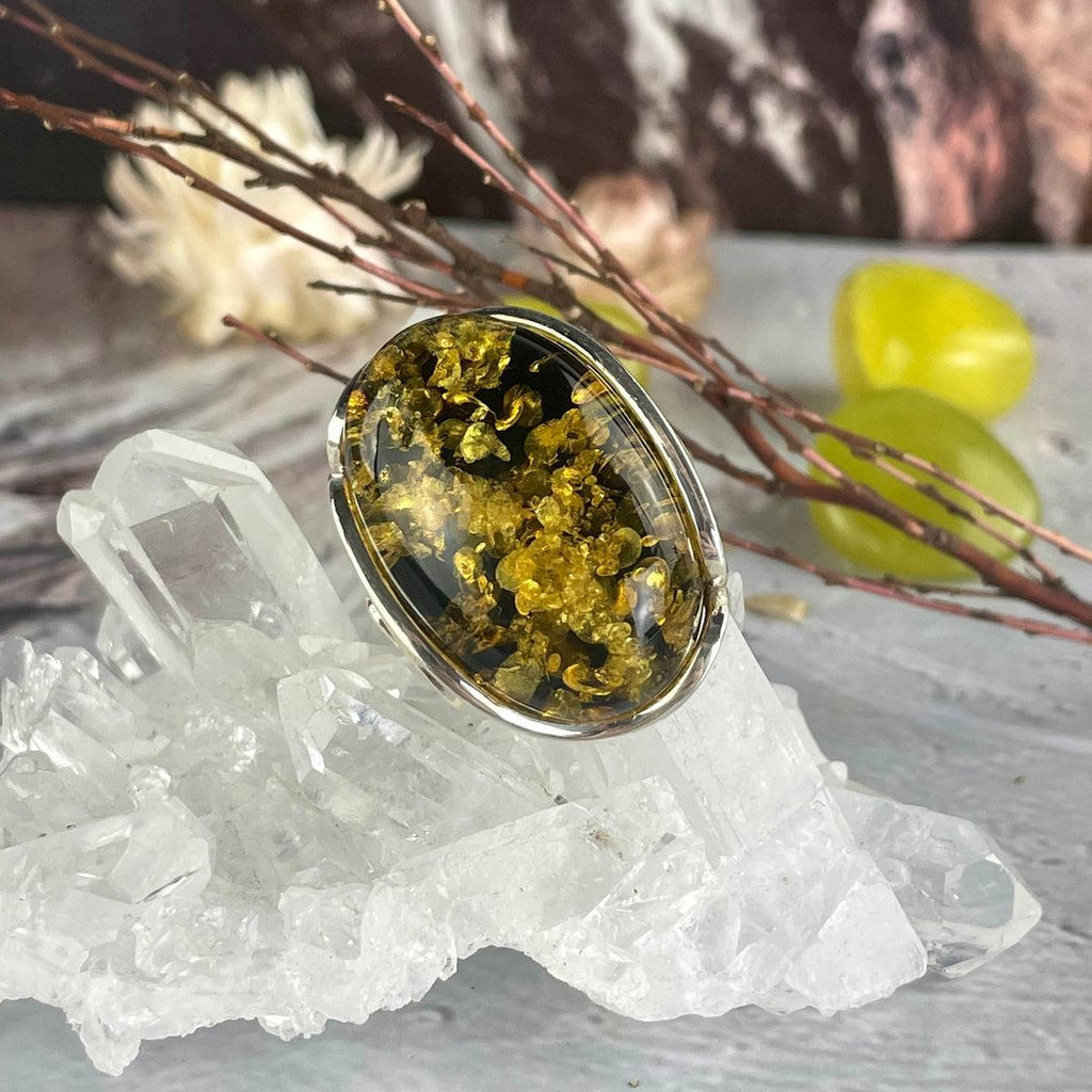 Ornate Baltic Green Amber Ring