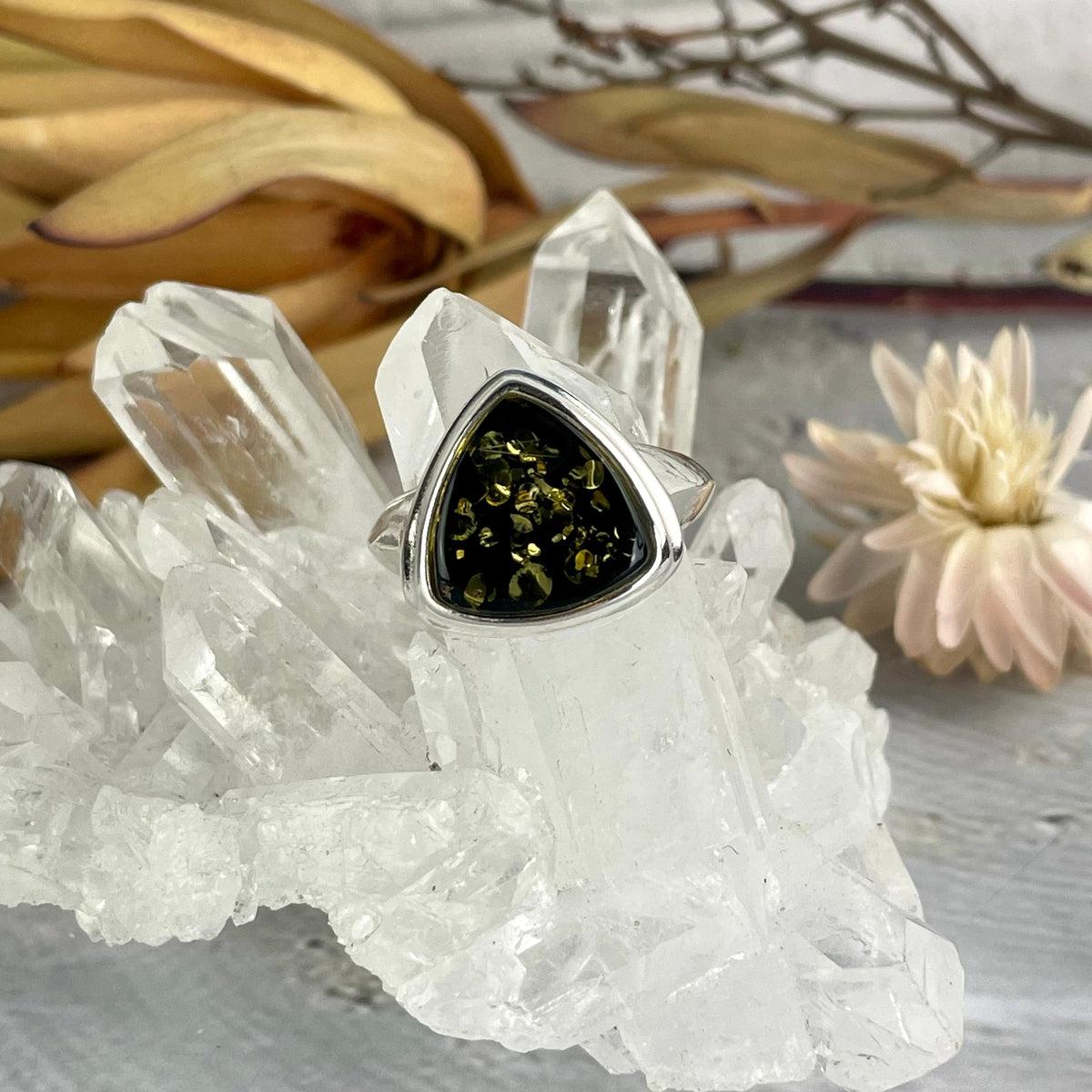 Green Amber Triangle Ring
