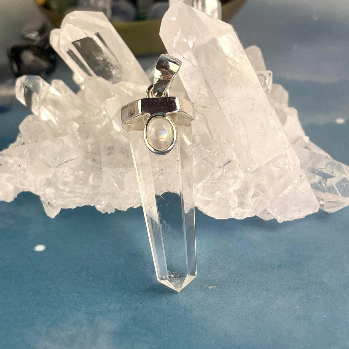 Clear Quartz Point & Rainbow Moonstone Pendant