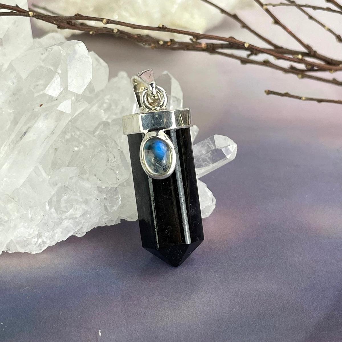 Black Tourmaline Point & Rainbow Moonstone Pendant